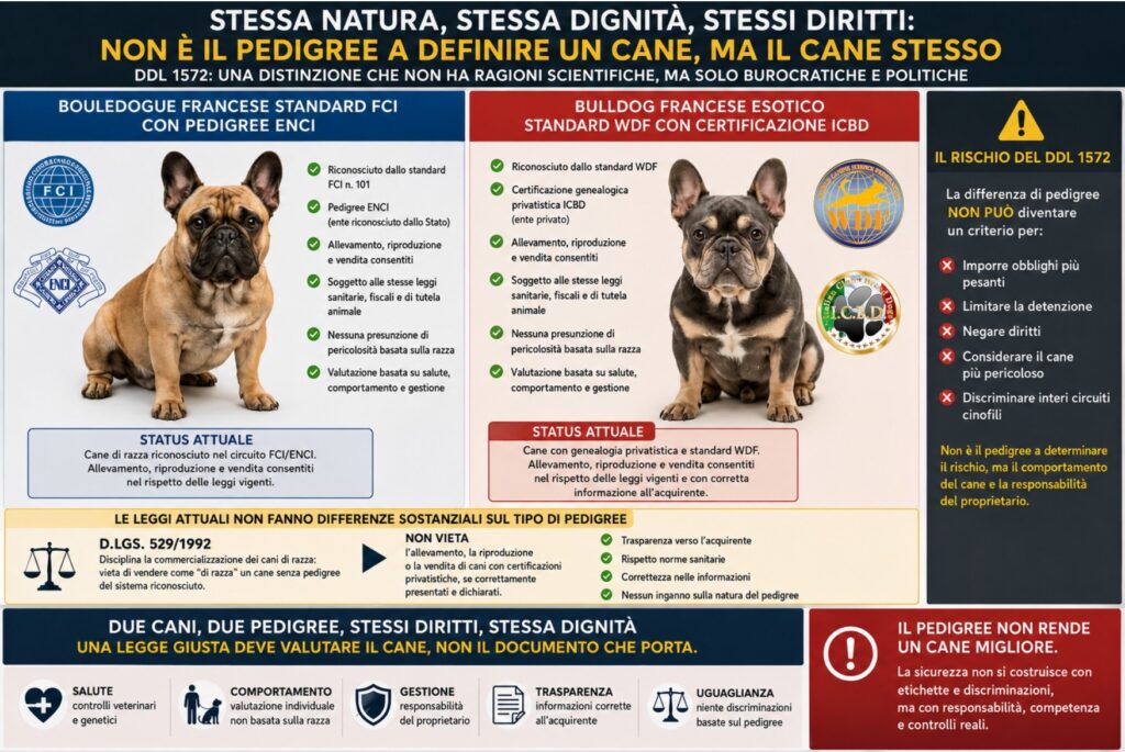 Il caso del Bouledogue Francese standard FCI con pedigree ENCI e del Bulldog Francese a colorazione esotica, conforme a standard WDF e accompagnato da certificazione genealogica privatistica ICBD, mostra bene il problema centrale: due cani possono essere entrambi allevati, riprodotti, ceduti e venduti nel rispetto della normativa generale, ma una nuova impostazione normativa rischierebbe di renderli giuridicamente differenti non per ciò che sono, non per il loro stato di salute, non per il loro comportamento, non per la correttezza dell’allevamento, ma semplicemente per il tipo di pedigree o certificazione genealogica che li accompagna.