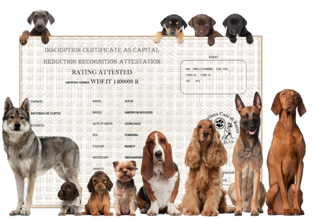 Cani di diverse razze davanti a un certificato ICBD WDF