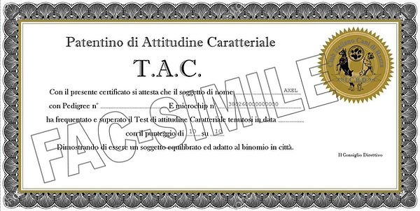 Esempio di patentino di attitudine caratteriale TAC