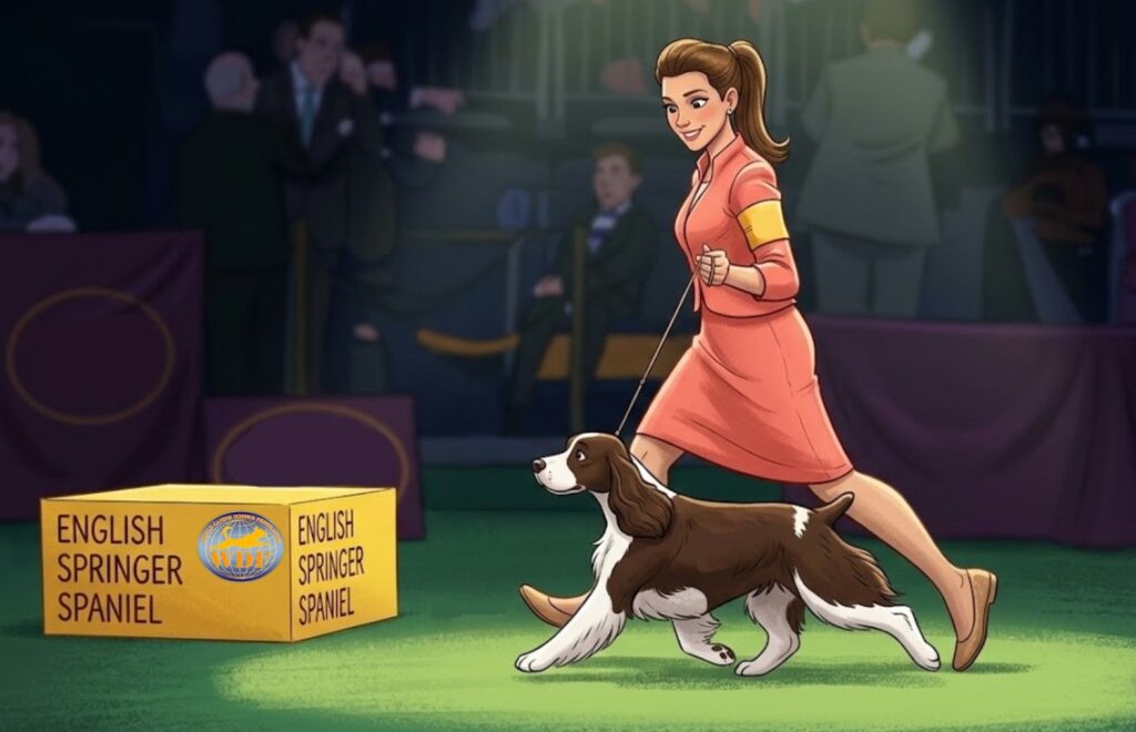 Illustrazione di una handler che presenta un cane nel ring